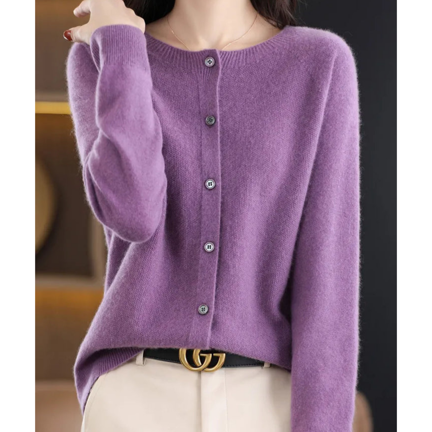 Dame Cardigan - Myk Ull-Kasjmir - Rund Hals - Knappelukking - Komfortabel Passform