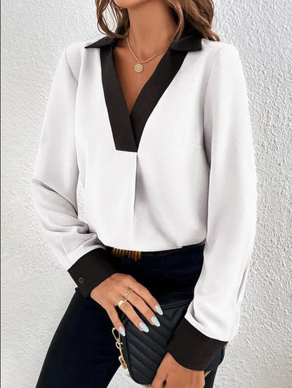 Women's Blouse – V-neck with Contrast Trim – Long-sleeved – Comfortable Fit – Breathable Fabric
