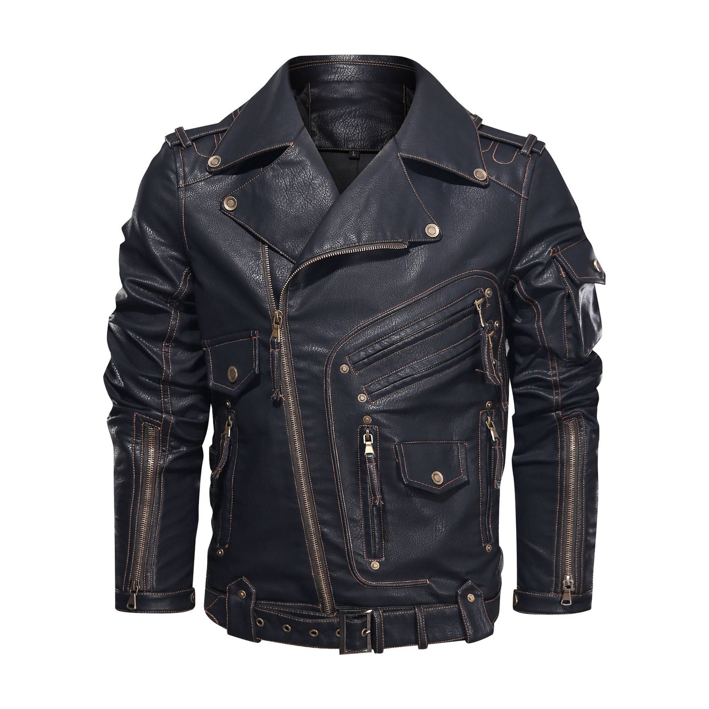 Herre Skinnjakke – Bikerstil – Asymmetrisk Glidelås – Belte i Midjen – Flere Lommer