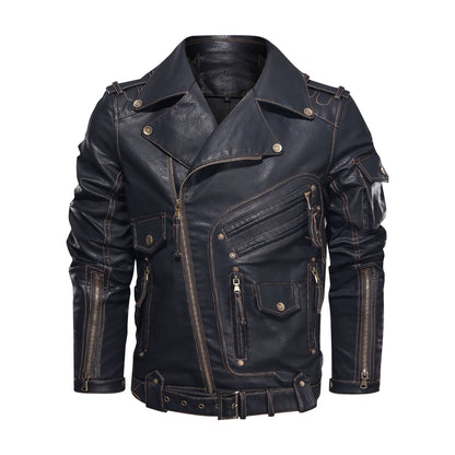 Herre Skinnjakke – Bikerstil – Asymmetrisk Glidelås – Belte i Midjen – Flere Lommer