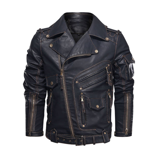 Herre Skinnjakke – Bikerstil – Asymmetrisk Glidelås – Belte i Midjen – Flere Lommer
