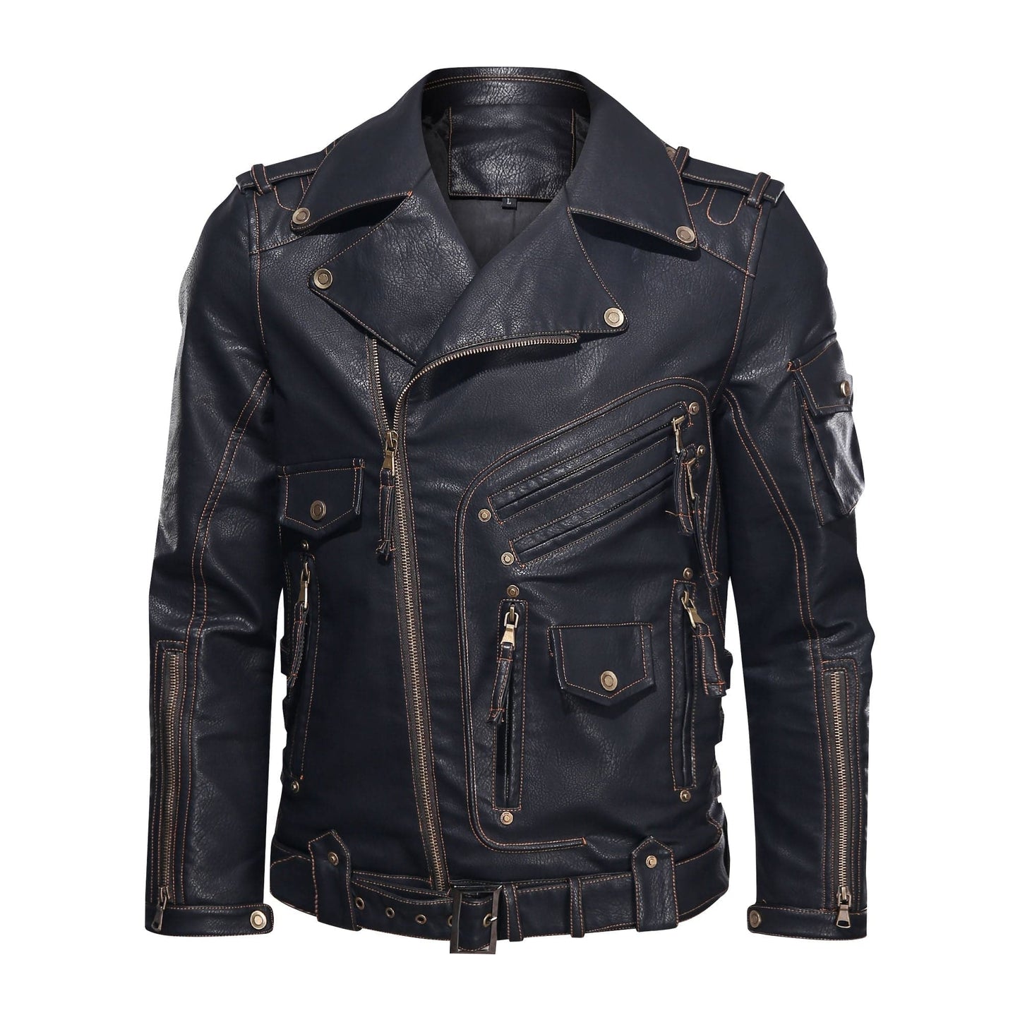 Herre Skinnjakke – Bikerstil – Asymmetrisk Glidelås – Belte i Midjen – Flere Lommer