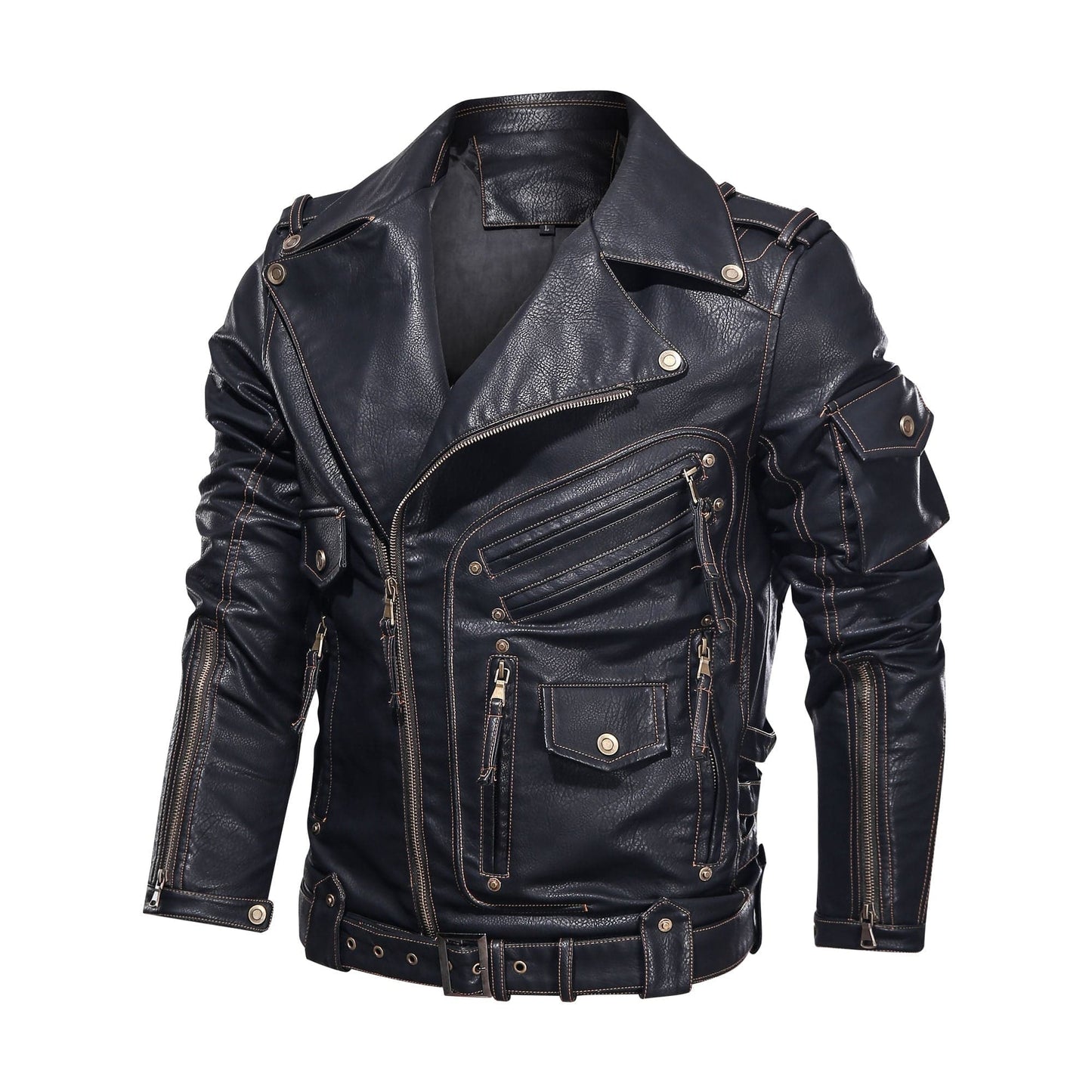 Herre Skinnjakke – Bikerstil – Asymmetrisk Glidelås – Belte i Midjen – Flere Lommer