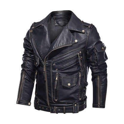 Herre Skinnjakke – Bikerstil – Asymmetrisk Glidelås – Belte i Midjen – Flere Lommer