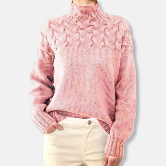 Rose Wool High Neck Sweater | Cable Knit Relaxed Fit Sweater