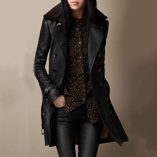 Women's Trench Coat - Leather - Double-Breasted - Belt - Classic Cut