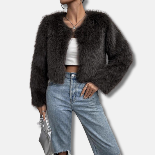 Women’s Cropped Jacket - Faux Fur - Collarless Neckline - Open Front - Long Sleeve
