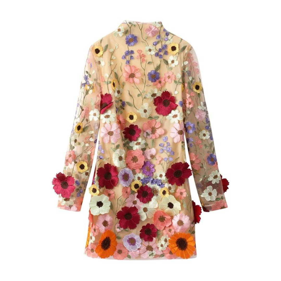 Dress for Women - Tight-fitting Mini Dress - Floral Embroidery - Long Sleeves - High Neck