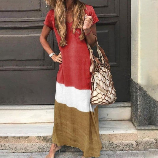 Women's Maxi Dress - Airy and Comfortable - Short-Sleeved with Color Blocks