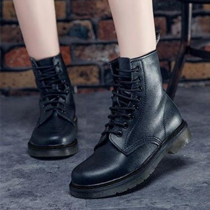 Dame Combat Boots - Skinn - Snøring - Ankelhøy - Robust Gummisåle