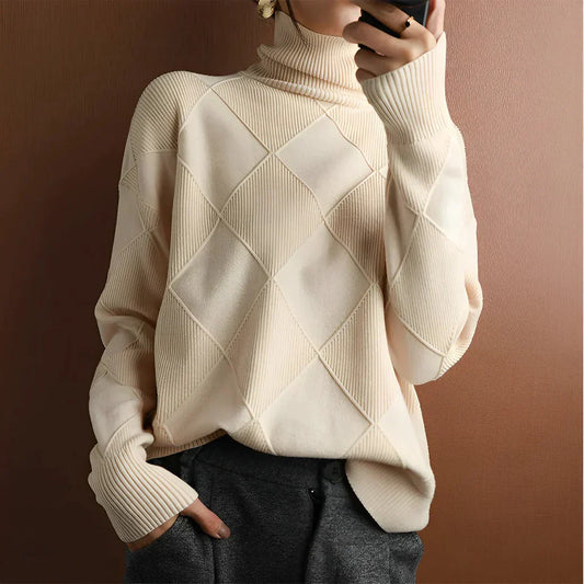 Women's Sweater – Wool Blend – Oversized Fit – High Neck – Ribbed Pattern