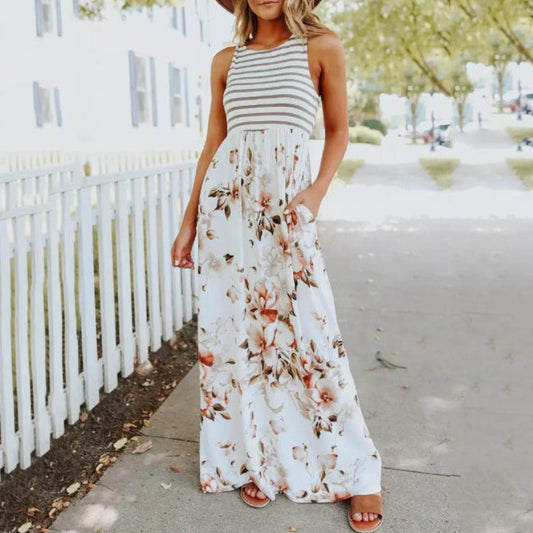 Women's Maxi Dress – Sleeveless with Round Neck – Floral Print and Stripes – Loose Fit with Pockets
