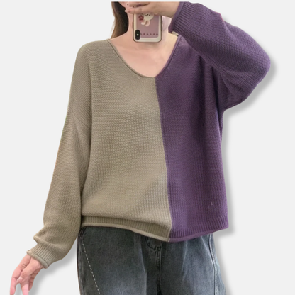 Elsie Relaxed Fit Sweater | Color Block V-Neck Sweater