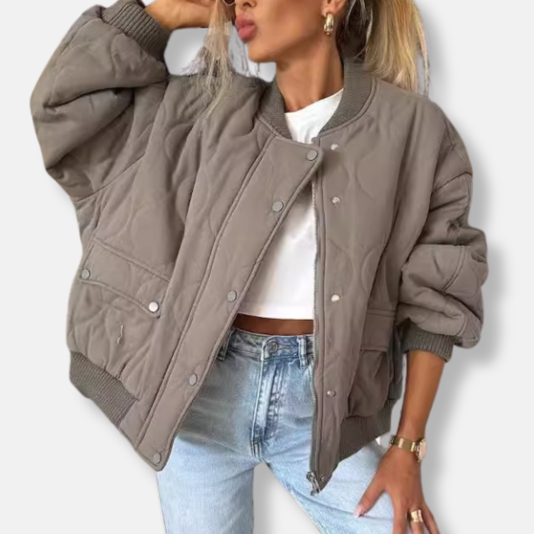 Women's Jacket Quilted – Relaxed Fit – Snap Button Closure – Ribbed Edges – Hip Length