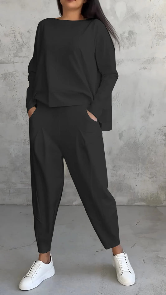 Women's Two-Piece Set – Relaxed Fit – Long-Sleeved Top and Harem Pants – Breathable Fabric