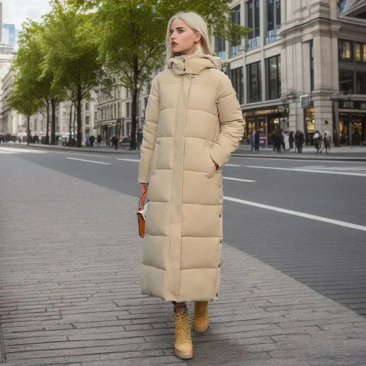 Women’s Puffer Coat - Woven Blend - Quilted - Maxi Length - High Collar With Hood