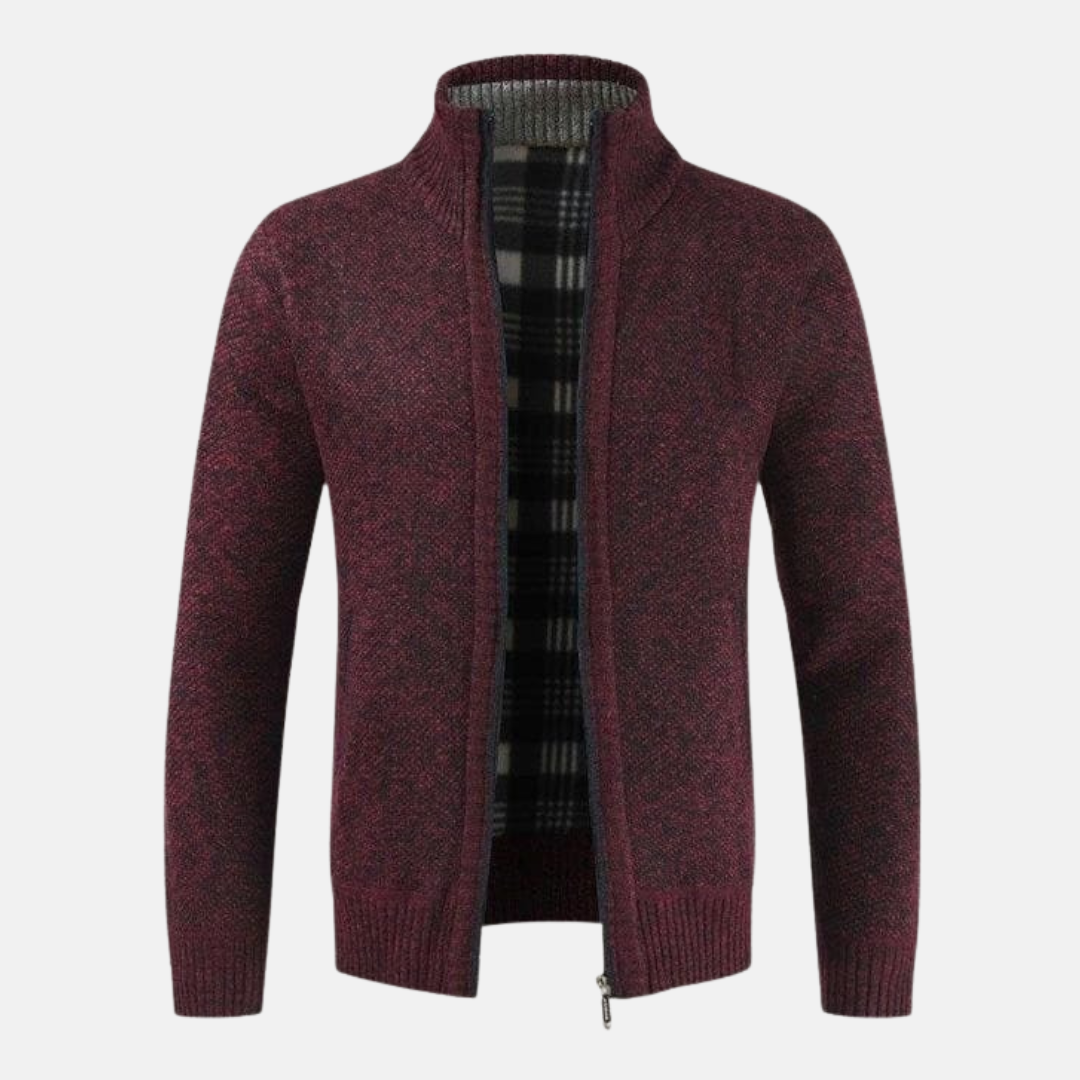 Giacomo High Collar Zip Cardigan | Plaid Lining Cardigan