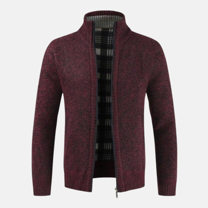 Giacomo High Collar Zip Cardigan | Plaid Lining Cardigan