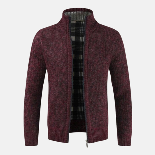 Giacomo High Collar Zip Cardigan | Plaid Lining Cardigan