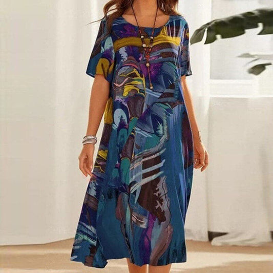 Women's Maxi Dress – Loose Fit – Round Neck – Short Sleeves – Abstract Pattern