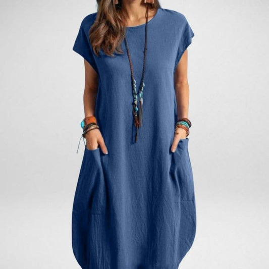 Women's Maxi Dress - Loose Fit - Round Neck - Knee-Length with Short Sleeves and Pockets