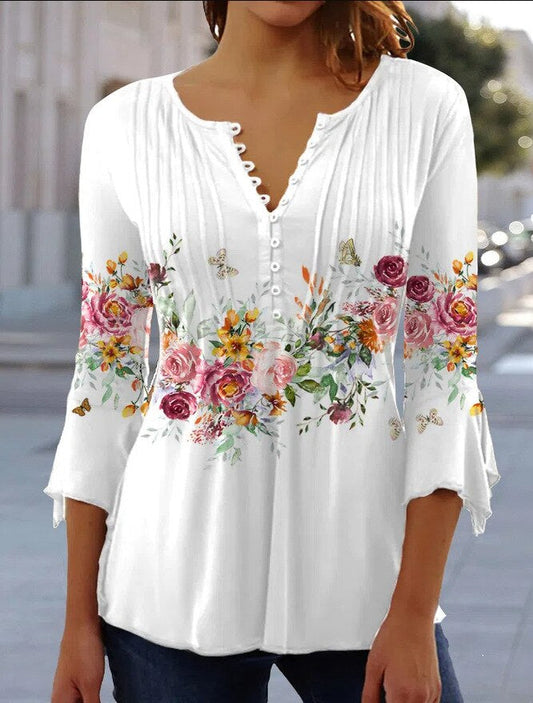 Women's Blouse – Relaxed Fit – V-neck – 3/4 Sleeves – Breathable Fabric – Floral Print