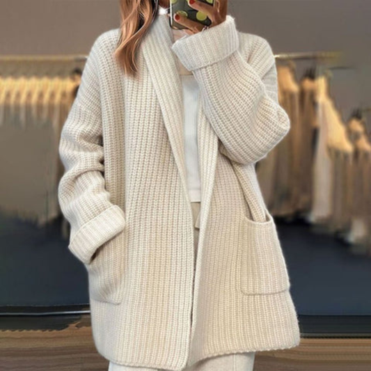 Dame Strikket Cardigan - Chunky Struktur - Åpen Front - Med Sjalkrage og Lommer