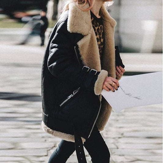 Dame Aviator Jakke - Semsket Skinn - Plysjfôret - Oversized Passform - Glidelåslommer