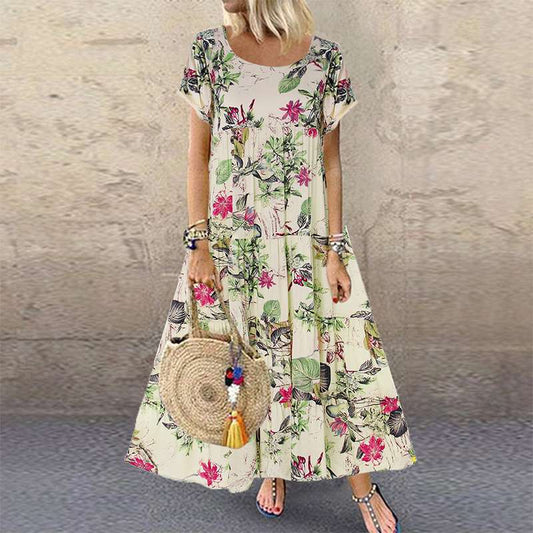 Women's Maxi Dress – Floral – Loose Fit – Short Sleeves – Round Neck