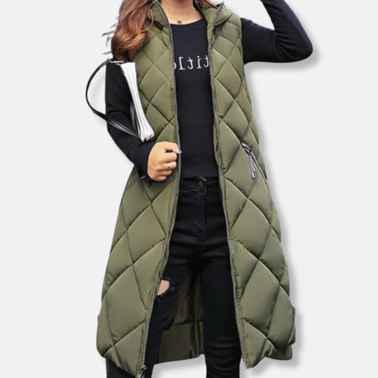 Ruby Relaxed Fit Long Puffer Vest | Hooded Quilted Vest