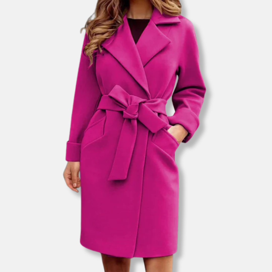 Women's Trench Coat – Tailored Fit – Wool Texture – Knee Length – Belt at Waist