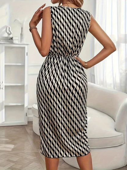 Women's Dress - Sleeveless With Draped Neckline - Elastic Waist - Asymmetric Hemline