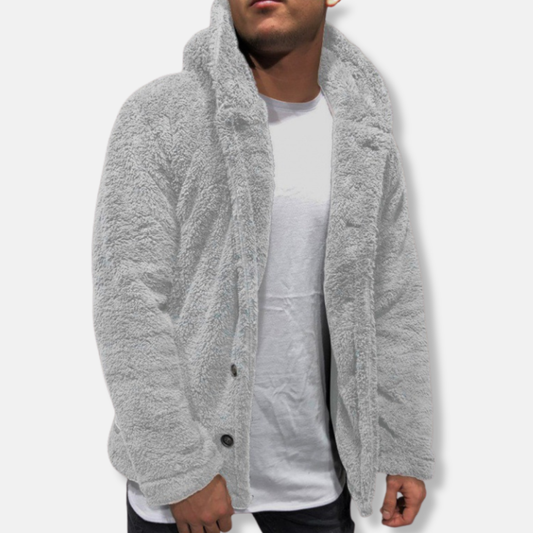 Men's Jacket with Hood – Fleece – Relaxed Fit – Button Closure – Casual Style
