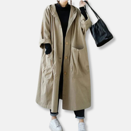 Aria Oversized Trench Coat | Hooded, Button Front Trench Coat