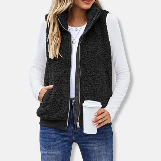 Women's Vest – Soft Teddy Texture – Relaxed Fit – Zipper and High Collar