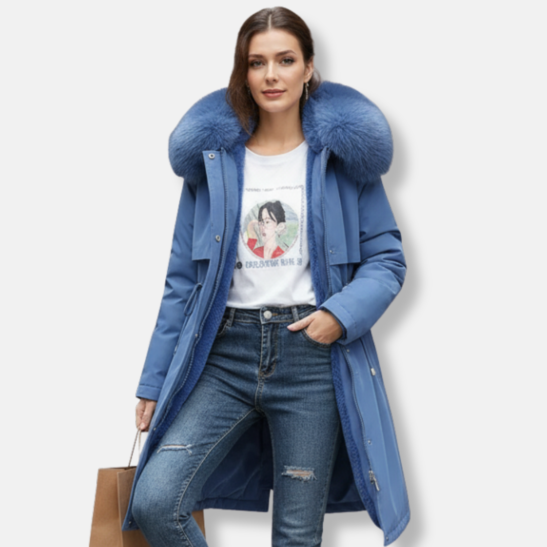 Women’s Winter Coat - Quilted Shell - Hooded - Faux Fur Trim - Knee Length
