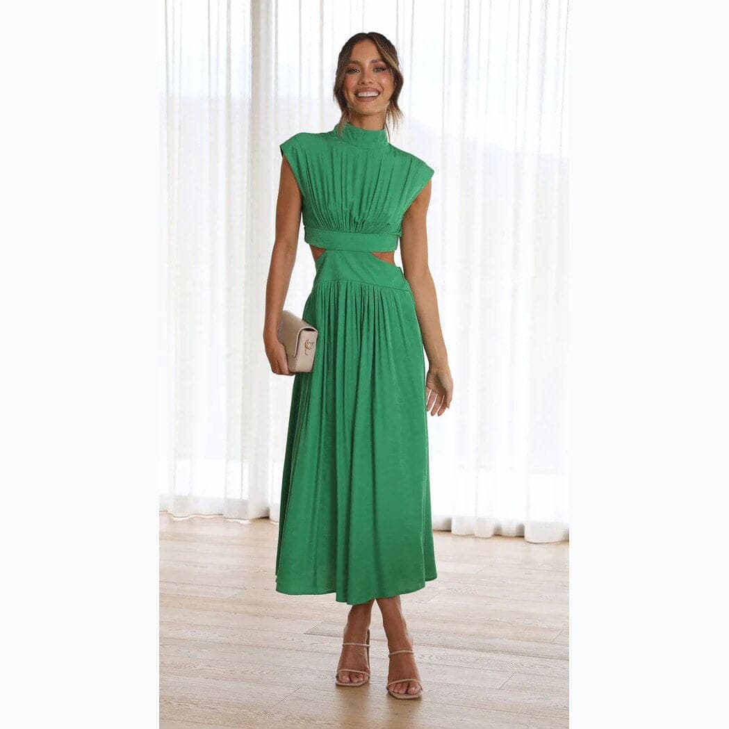 Dress for Women – Midi Fit & Flare – High Neck – Short Sleeves – Cut-Out Details