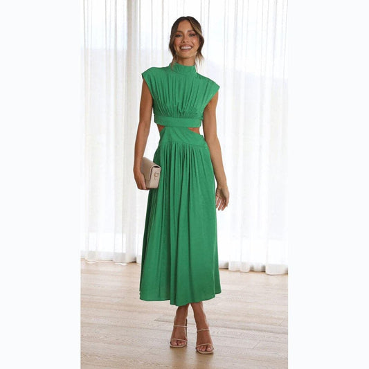 Dress for Women – Midi Fit & Flare – High Neck – Short Sleeves – Cut-Out Details