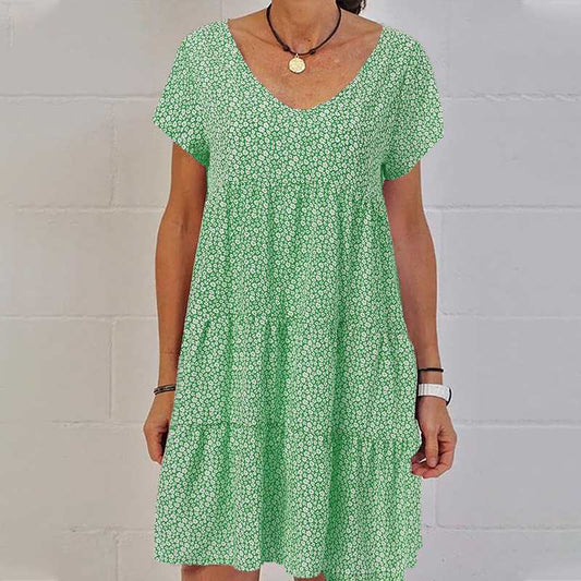 Women's Dress - Loose Fit - V-neck - Knee-length - Short-sleeved Floral Print
