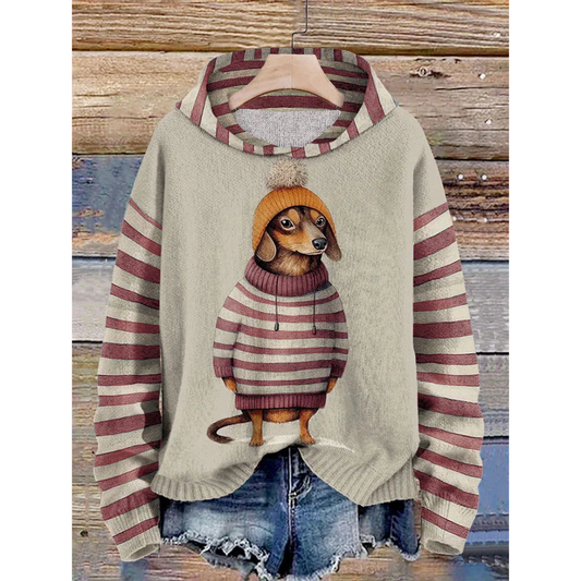 Hoodie Women – Relaxed Fit – Fleece Feel – Dog Print – Striped Sleeves