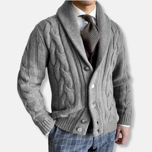 Men's Cardigan – Wool Blend – Regular Fit – Cable Knit – Shawl Collar – Buttoning
