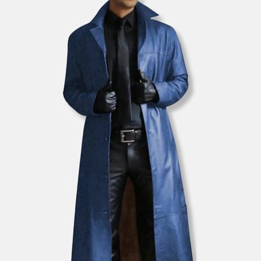 Men's Long Coat – Tailored Fit – Smooth Leather Look – Formal Button Closure