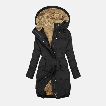 Women’s Coat - Woven Fabric - Longline Quilted - Plush Lined Hood - Adjustable Waist