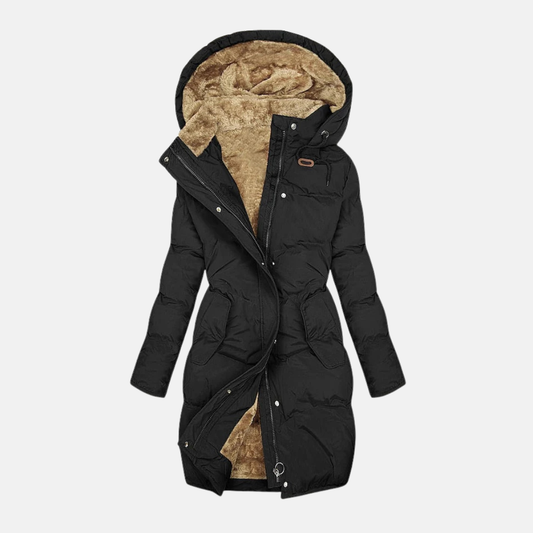 Women’s Coat - Woven Fabric - Longline Quilted - Plush Lined Hood - Adjustable Waist