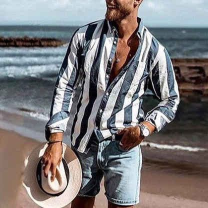 Herreskjorte - Langermet Button-Up - Pustende Bomull - Smal Passform - Stripet Design