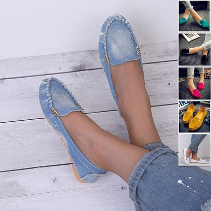 Dame Loafers - Denimstoff - Slip-on - Dekorative Metalldetaljer - Komfortsåle