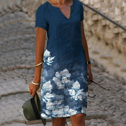Women's Dress - Floral Cotton - V-neck - Short Sleeve - Straight Fit - Airy and Comfortable