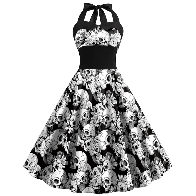 Dress for Women – Midi Length – Halterneck – Fitted Waist – A-line Skirt – Skull Flowers