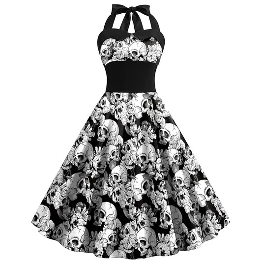 Dress for Women – Midi Length – Halterneck – Fitted Waist – A-line Skirt – Skull Flowers