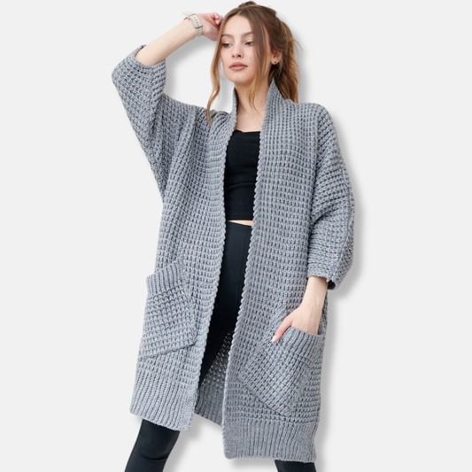 Women's Coat – Oversized Fit – Open Front – Chunky Knit Wool Blend – Pockets